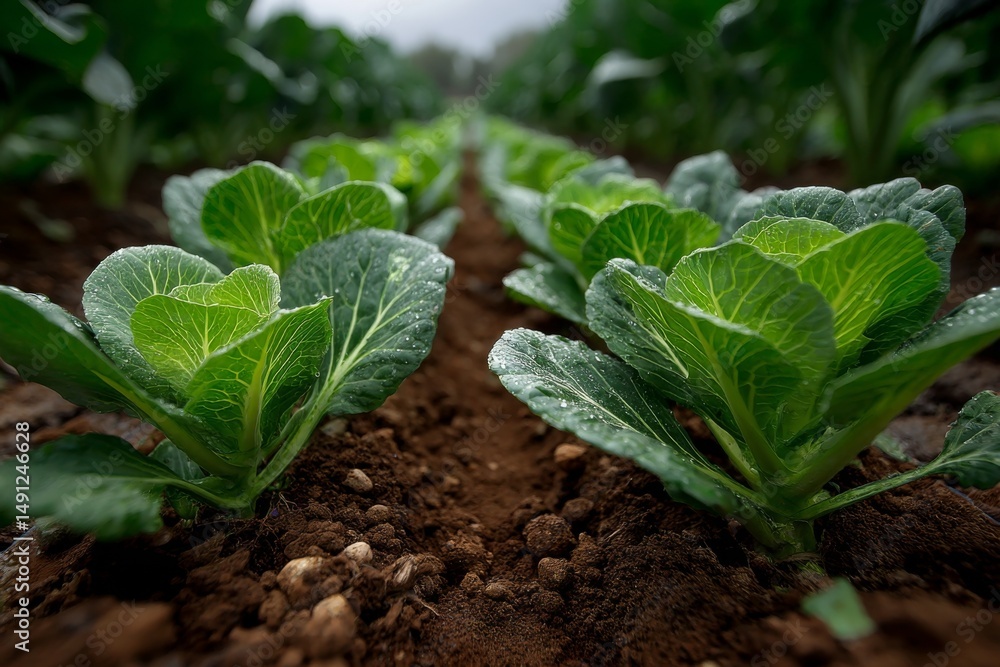Cultivated cabbage plants aligning in rows on fertile brown soil, showcasing agriculture and farming practices with close-up focus. Cultivated cabbage plants aligning in rows on fertile brown soil, showcasing agriculture and farming practices with close-up focus.