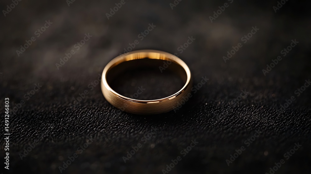 A single wedding ring rests elegantly on a smooth black velvet surface. A single wedding ring rests elegantly on a smooth black velvet surface.