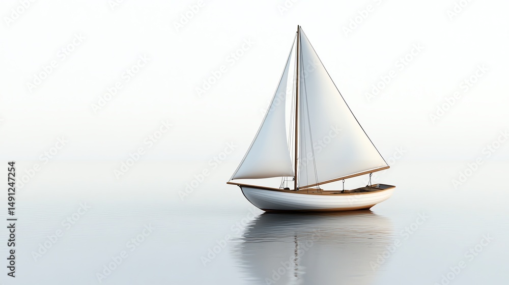 Fototapeta premium A pristine white sailboat floats serenely on a calm, blue body of water.