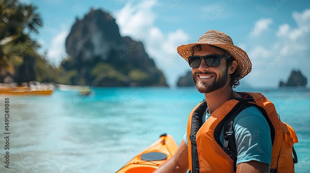 Fototapeta premium Happy man kayaking in tropical waters, surrounded by stunning islands and clear blue sea. Sunshine and relaxation