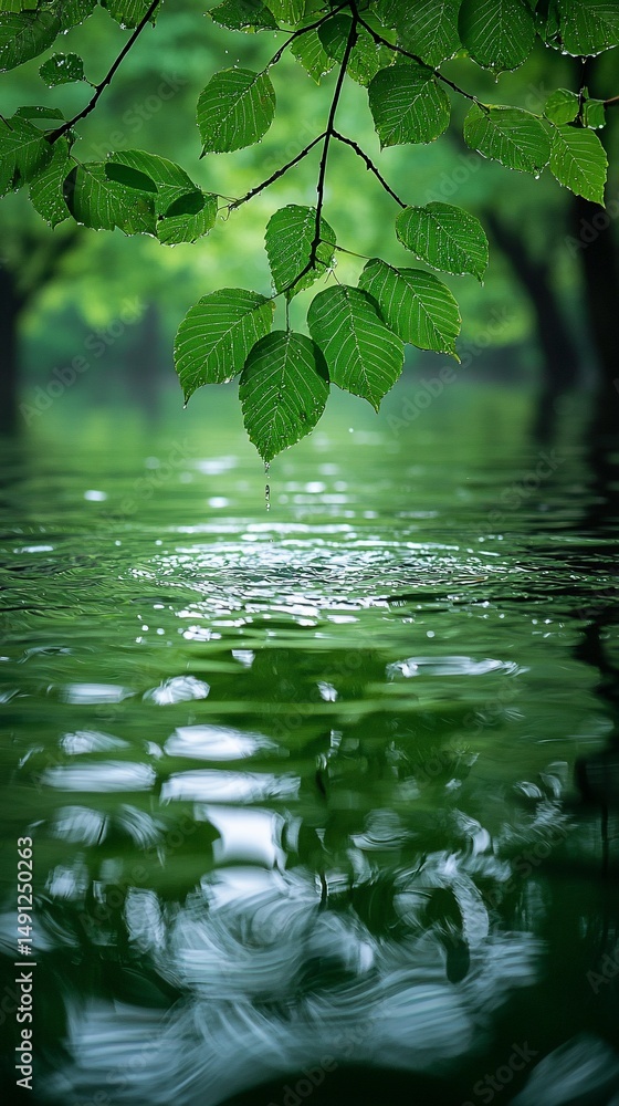 Fresh rain drops falling into calm water, surrounded by lush greenery Fresh rain drops falling into calm water, surrounded by lush greenery
