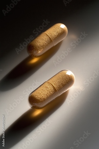 Close-up view of two brown capsules lying on a smooth surface, casting soft shadows. The capsules display a reflective sheen under the light