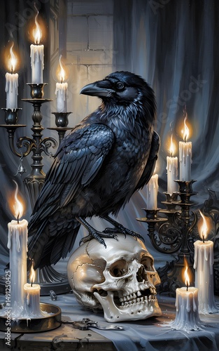 Mysterious Raven and Skull Candlelit Gothic Mobile Phone Wallpaper Background