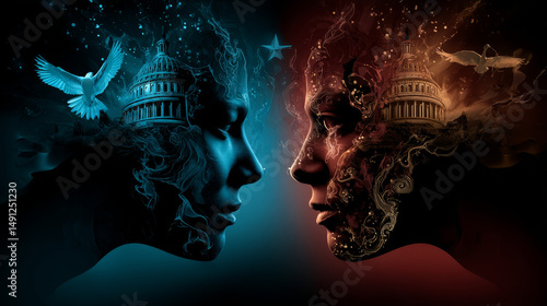 Divided social groups and culture war between conservative and liberal political clash of ideas or community psychology.