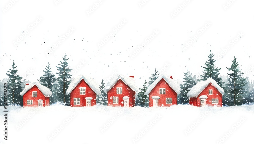 Fototapeta premium Watercolor Winter Village Red Houses in Snowy Landscape