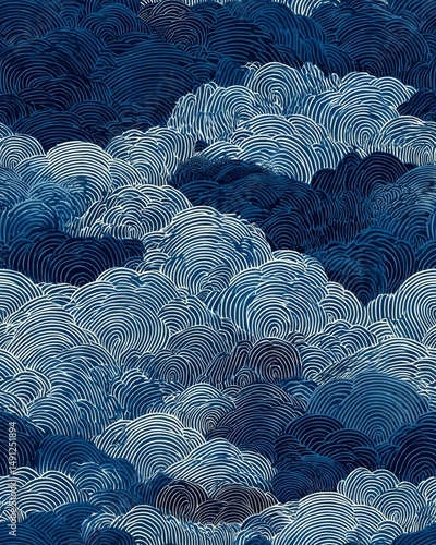 Vintage Japanese ocean wave pattern in deep indigo and ivory with traditional brushstroke texture