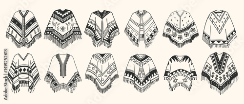 Hand drawn poncho collection. Poncho icon set. Latin american clothing. Spanish ethnic woolen clothes. Sketch.