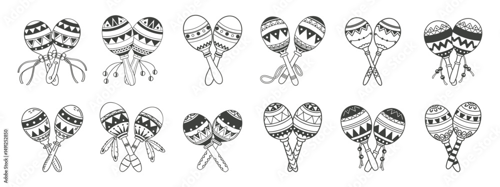 Obraz premium Collection of hand drawn maracas, mexican culture. Maracas icon set. Latin American percussion instruments. Sketch.