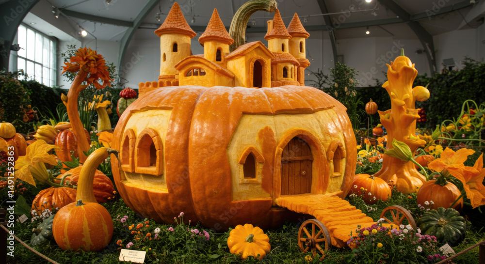 Obraz premium Intricate pumpkin castle sculpture in festive autumn harvest display