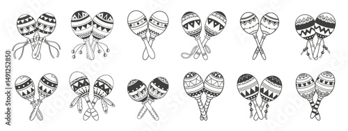 Collection of hand drawn maracas, mexican culture. Maracas icon set. Latin American percussion instruments. Sketch.