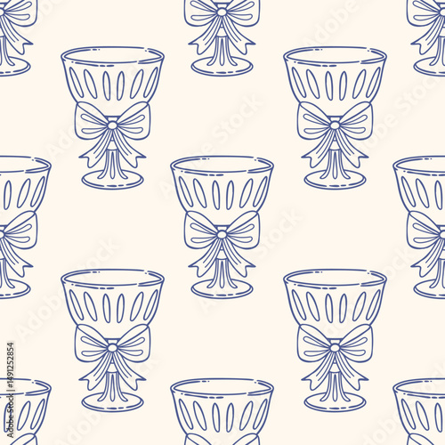 Elegant goblets with bows seamless pattern. Festive background. Hand drawn sketch illustration.