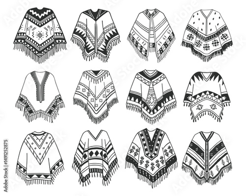 Hand drawn poncho collection. Poncho icon set. Latin american clothing. Spanish ethnic woolen clothes. Sketch.