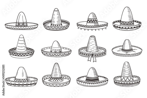 Collection of hand drawn sombreros, mexican culture. Sombrero icon set. Latin american ethnic clothing. Sketch.