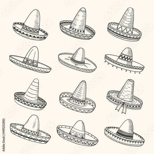 Collection of hand drawn sombreros, mexican culture. Sombrero icon set. Latin american ethnic clothing. Sketch.