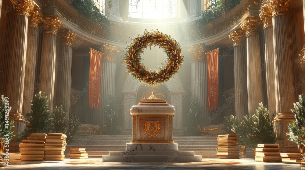 Obraz premium Golden Wreath on Pedestal in Ornate Grand Interior with Sunlight