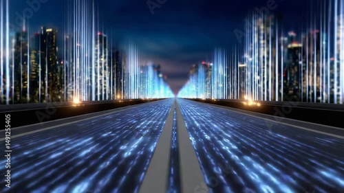 Futuristic cityscape with illuminated pathways leading through a digital landscape.