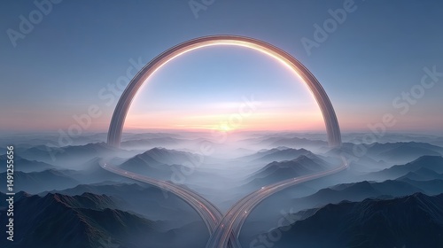 PM2.5 health impact in modern cities, A surreal view of mountains under a glowing arch at sunrise. Urban life under PM2.5 air pollution in crowded city streets