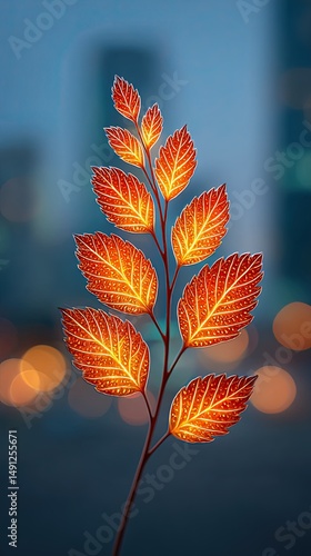 PM2.5 health impact in modern cities, Vibrant autumn leaves illuminated against a soft urban backdrop. Urban life under PM2.5 air pollution in crowded city streets