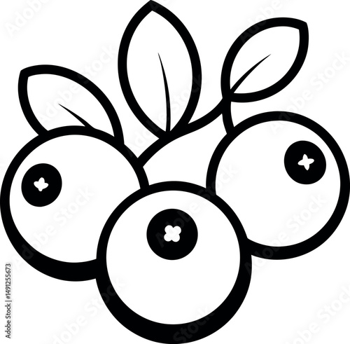 Black and White Bilberry Illustration with Leaves in Hand-Drawn Style