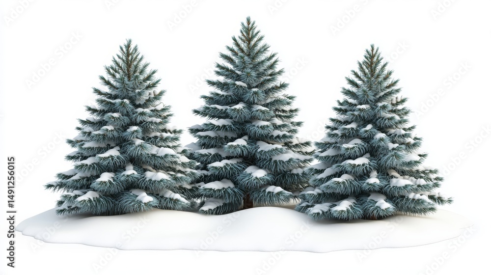 Fototapeta premium Three stylized green trees in a snowy setting form a charming and simple winter wonderland scene, with the trees as the main focus