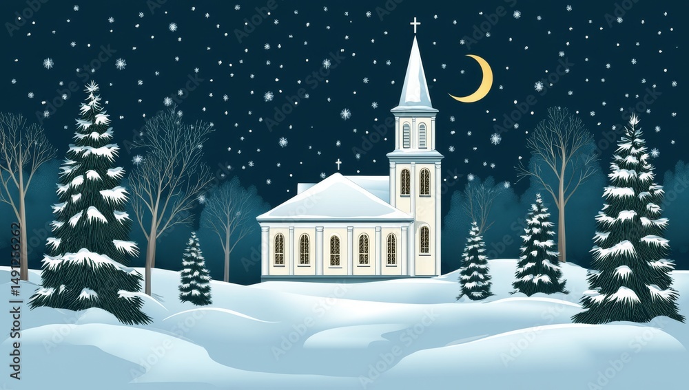 Fototapeta premium The scene of Firefly Church at night is one of serenity, featuring an illuminated church, bare winter trees, and a sky lit by the moon, all combining to create a peaceful atmosphere that symbolizes