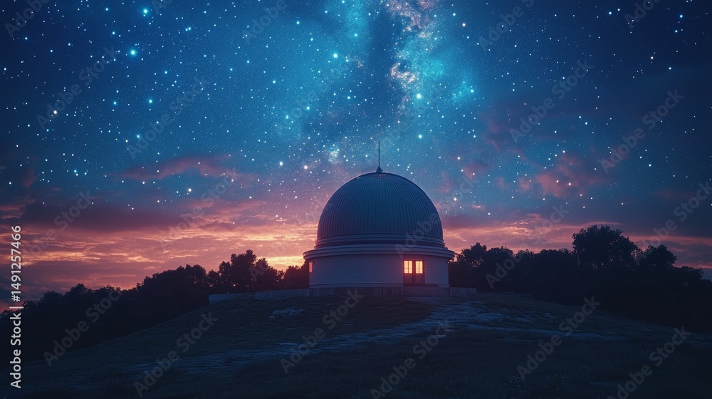 Obraz premium Stunning Observatory under Starry Sky with Galaxy and Colorful Sunset