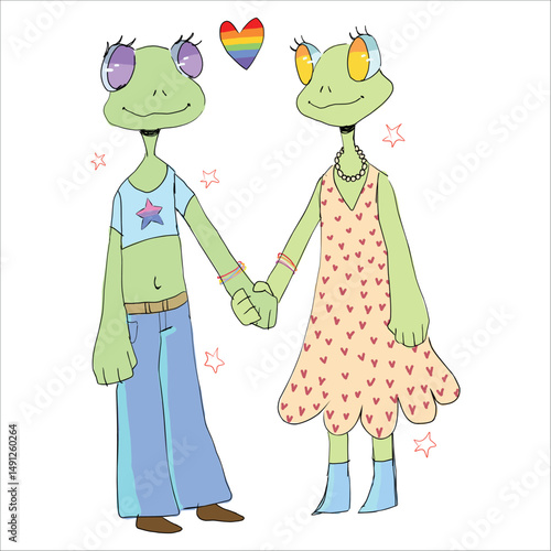 Lesbian couple. Cute two frogs. Freedom, people's rights. Bisexuality. Equality. Pride month. Funny vector illustration.Hand drawn.2 characters.Design for print on clothes, cups, sketchbooks, stickers