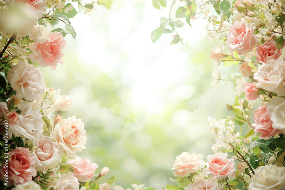 Roses in bloom with a soft green background creating a beautiful floral arrangement for a romantic occasion or celebration of love and beauty in nature. Roses in bloom with a soft green background creating a beautiful floral arrangement for a romantic occasion or celebration of love and beauty in nature.