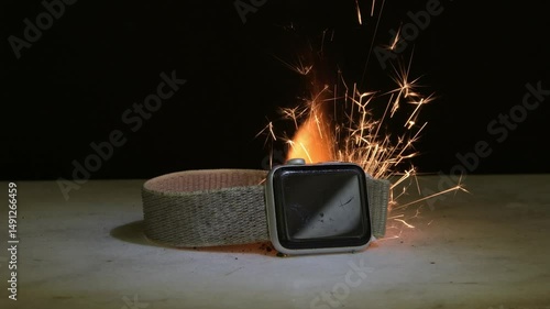The smart watch caught fire on the table - a massive explosion of battery and sparks, a symbol of technological danger.