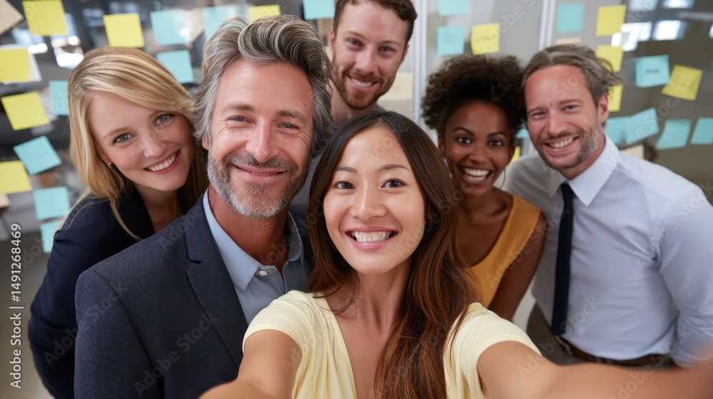Business colleagues from different cultures taking a selfie in front of brainstorming notes and post-it walls at a corporate retreat Business colleagues from different cultures taking a selfie in front of brainstorming notes and post-it walls at a corporate retreat