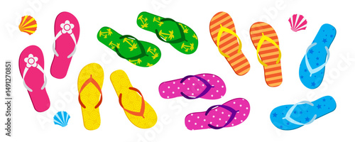 Flip flop and sea shell, beach sandal, summer slipper set, colorful sand shoe border, pool footwear pattern, cartoon rubber flipflop top view isolated on white background. Fun vector illustration