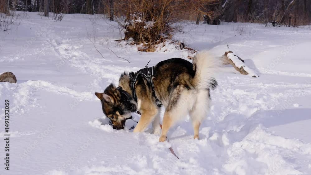Alaskan husky, German shepherd dog playing in a snow hill Alaskan husky, German shepherd dog playing in a snow hill