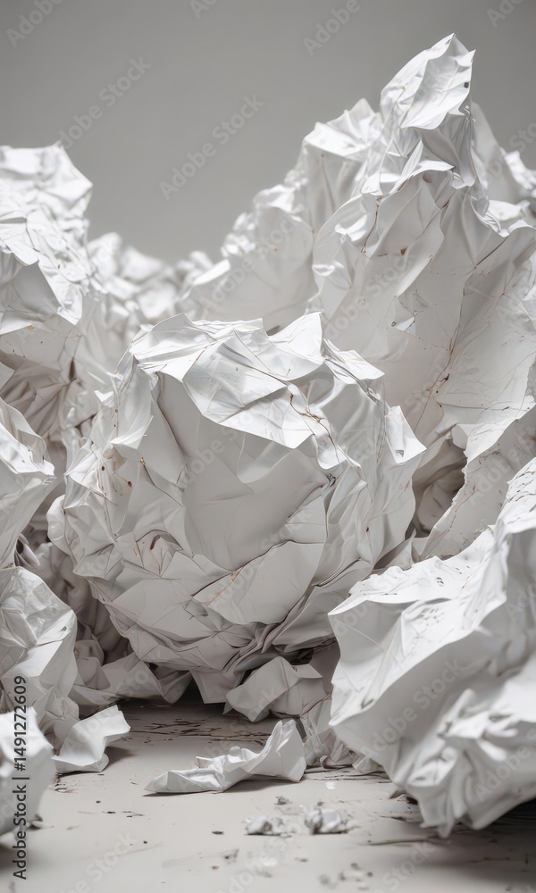 Severely crumpled, uneven white paper; significant damage evident , waste paper, garbage Severely crumpled, uneven white paper; significant damage evident , waste paper, garbage