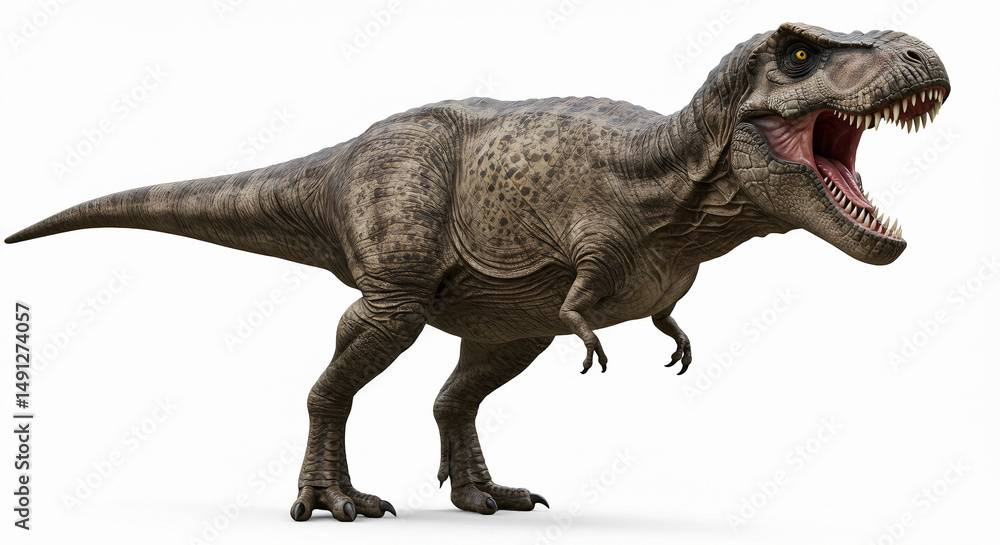 Fototapeta premium Roaring Tyrannosaurus rex in 3D, detailed texture and natural colors on white background.