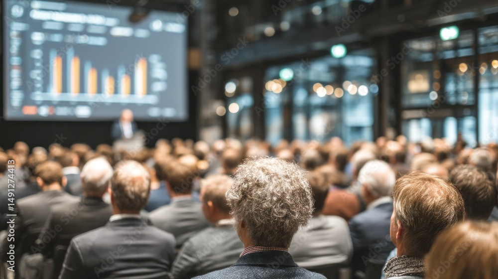 Fototapeta premium Large audience attending a professional conference with a speaker and presentation on stage
