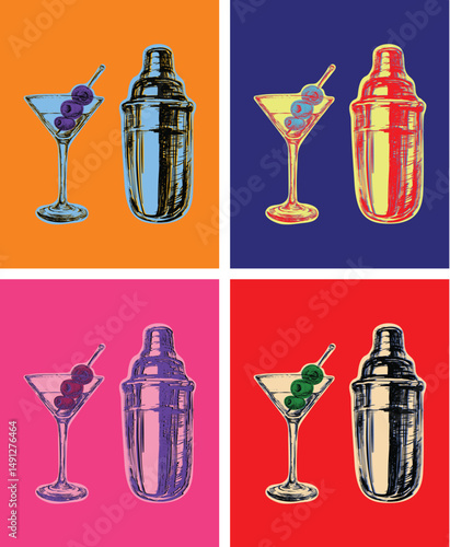 Set of Colored Martini Cocktails with Olives Shaker Vector Illustration