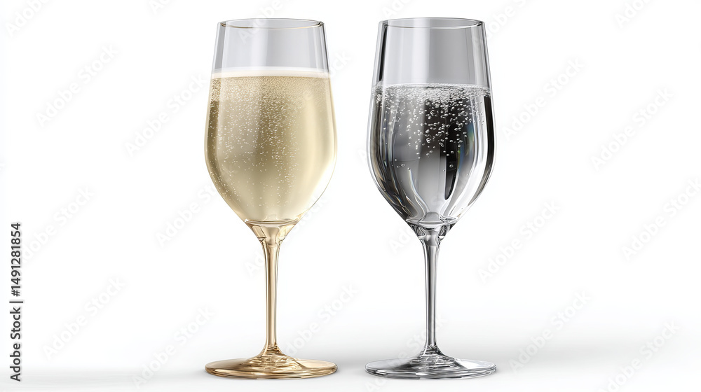 3d realistic vector icon. Set of two glassses with champagne. Empty and full. Isolated on transparent background. 3d realistic vector icon. Set of two glassses with champagne. Empty and full. Isolated on transparent background.