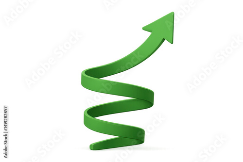 3d green spiral arrow pointing upwards, representing growth and success, on a transparent background