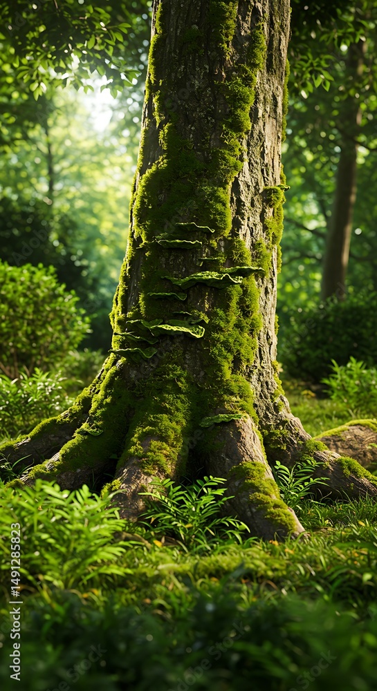 Fototapeta premium Moss-Draped Majesty: Sunlight in the Forest