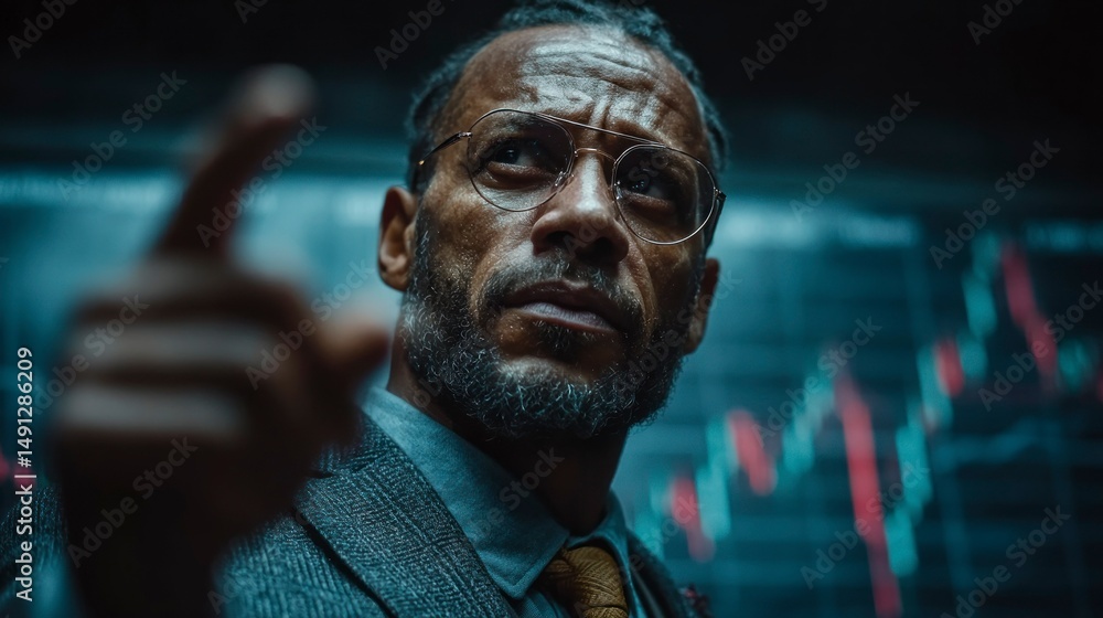 A professional in a suit pointing thoughtfully set against a backdrop of financial data and ch A professional in a suit pointing thoughtfully set against a backdrop of financial data and ch