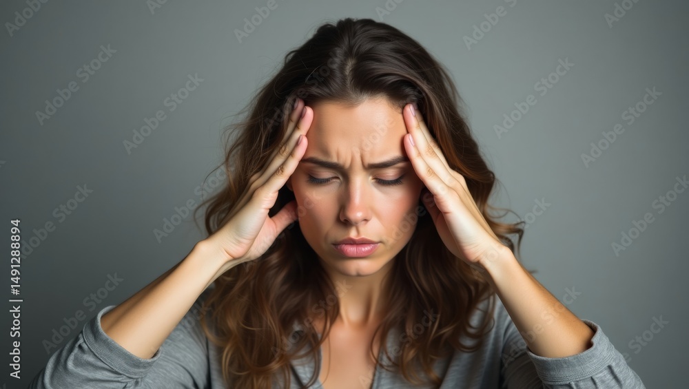 Stress and concentration portrait of a woman with furrowed brows and closed eyes Stress and concentration portrait of a woman with furrowed brows and closed eyes