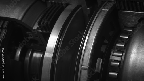 Konstfotografi A dark black close up of a machine with many gears and discs