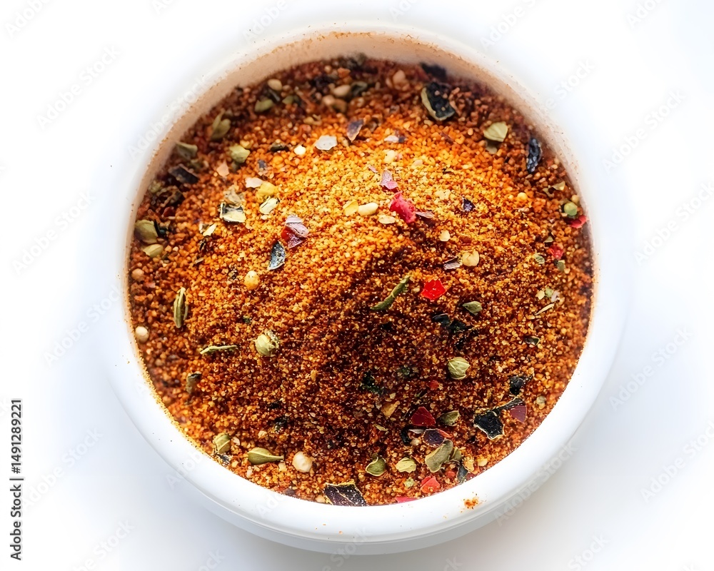 Spicy Seasoning Blend in White Bowl, Aromatic Herb and Spice Mix Spicy Seasoning Blend in White Bowl, Aromatic Herb and Spice Mix