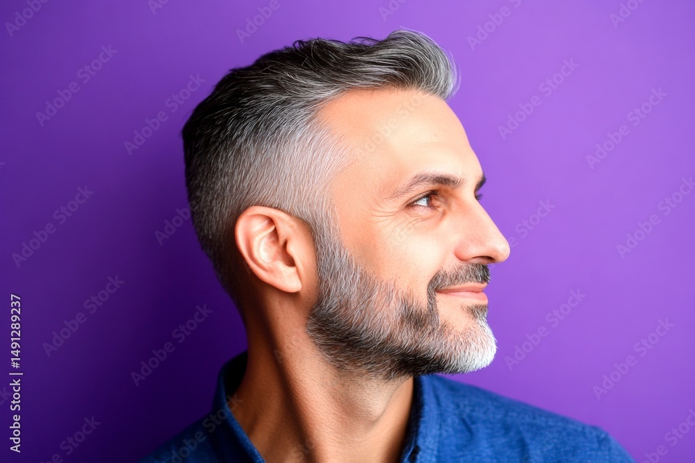 Obraz premium Classy men's fade haircut - midlife arabian man with middle hair. A strong and graceful male displaying confidence. Idea of style for aging men. Purple solid background.