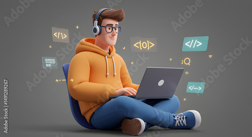 Modern cartoon illustration of a tech professional in casual clothes (hoodie and jeans), sitting with a laptop open and some floating code symbols around. 