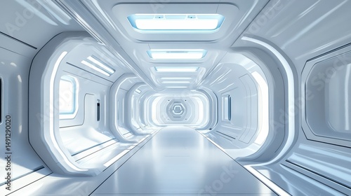 Fototapeta Naklejka Na Ścianę i Meble -  Futuristic white corridor with glowing lights and reflective floor.