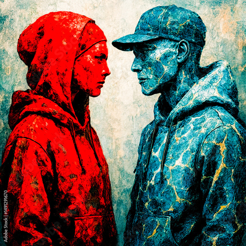 lover street couple blue red man woman