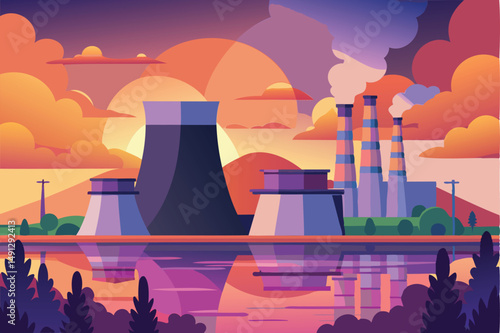 Nuclear power plant vector illustration, energy industry, reactor cooling towers, clean energy