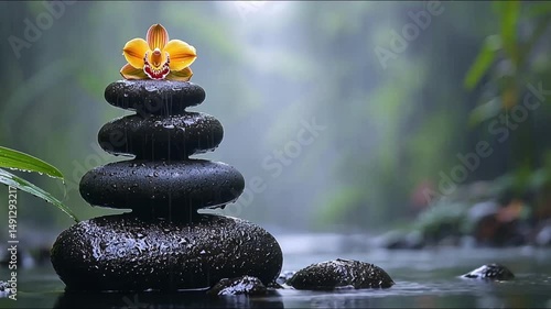 Stones stacked, blossom, water, rain, blurred foliage