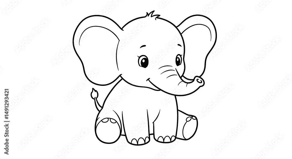 Fototapeta premium Cute baby elephant sitting and smiling, coloring page for kids